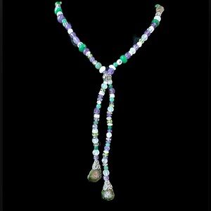 Vintage Sterling Silver Geode Amethyst Emerald Rock Crystal Bead Lariat Necklace